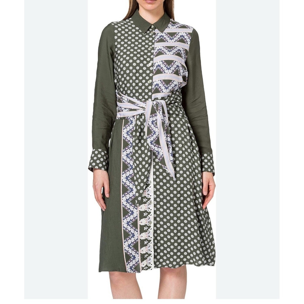 S.Oliver Blue Green And White Belted Women's Shirt Dress, Size 4 Midi Boho - Picture 2 of 9